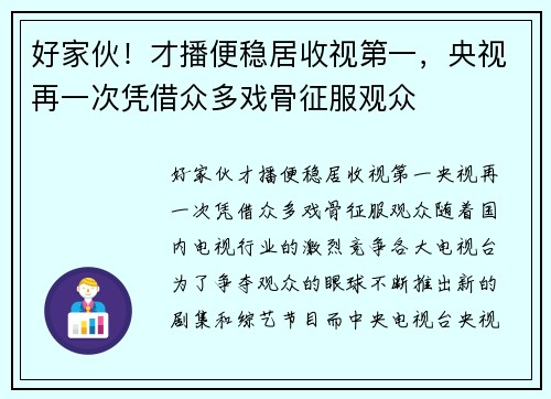 好家伙！才播便稳居收视第一，央视再一次凭借众多戏骨征服观众